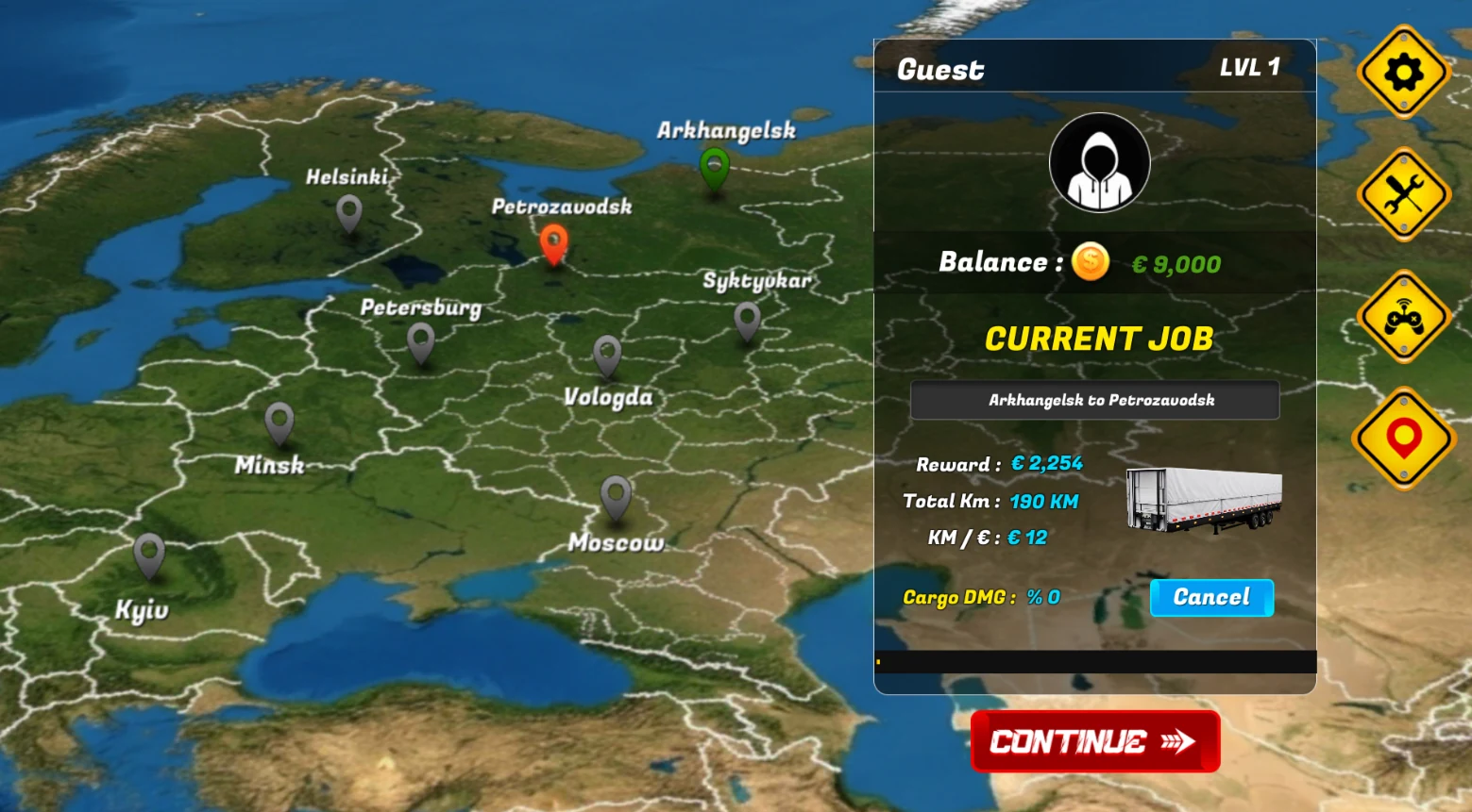 Career mode map and job contract screen