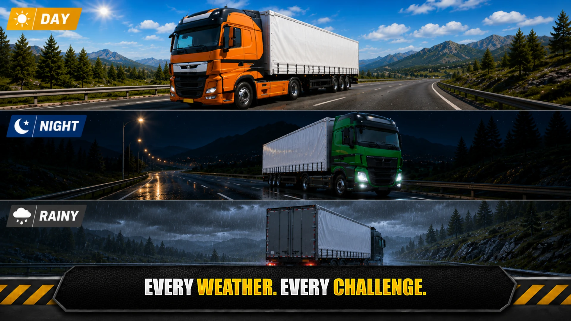 Day, night and rainy weather driving conditions
