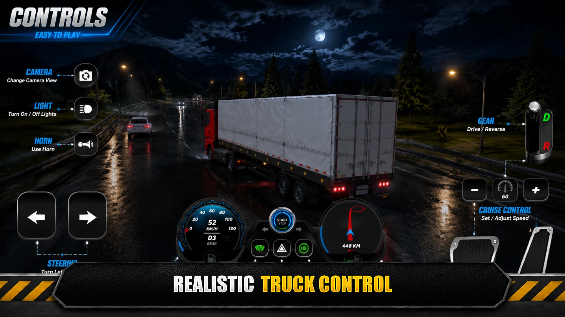 Realistic truck control scheme with steering, gear and camera options