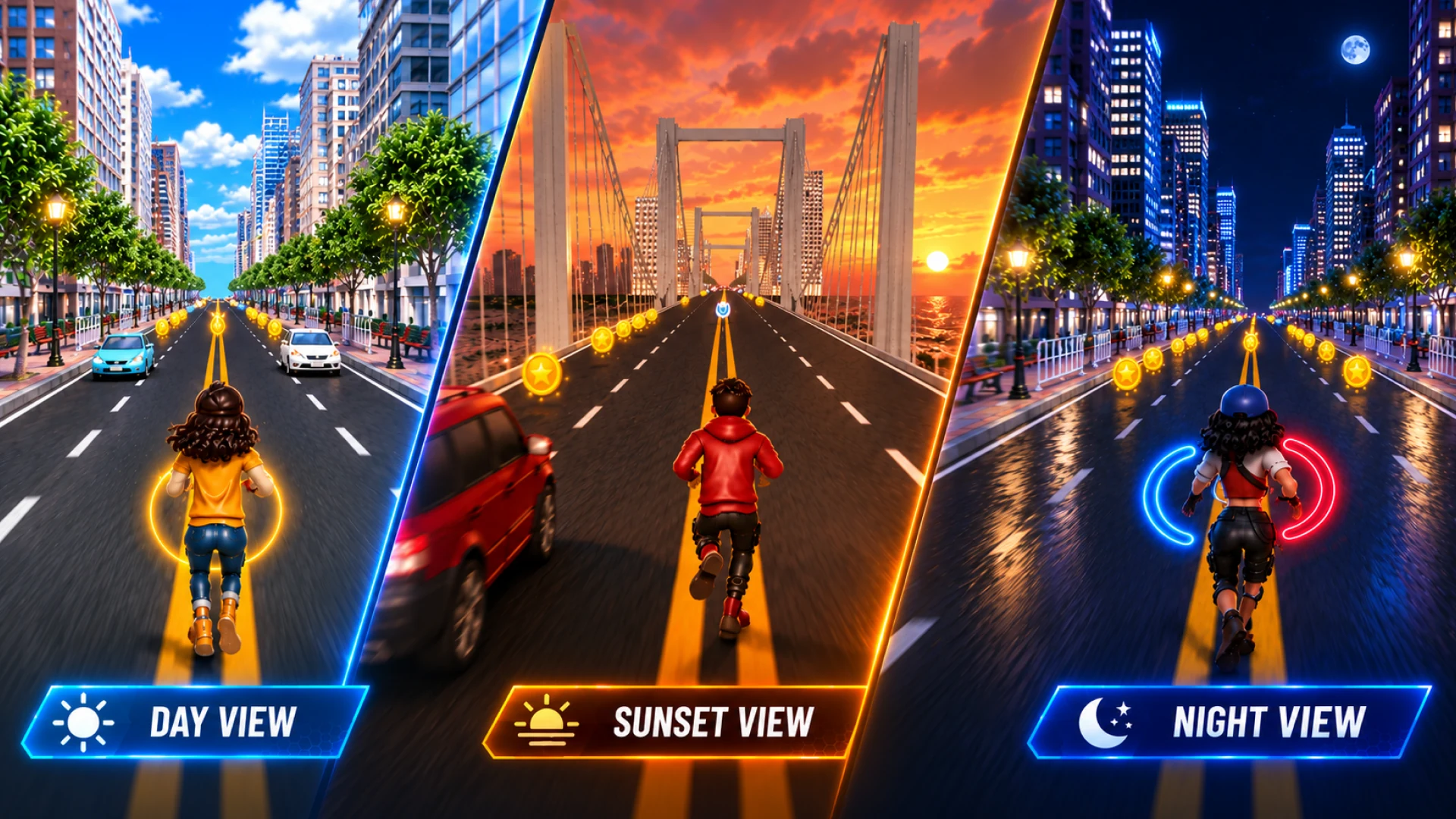 Velocitrax Day, Sunset, and Night city environments side by side