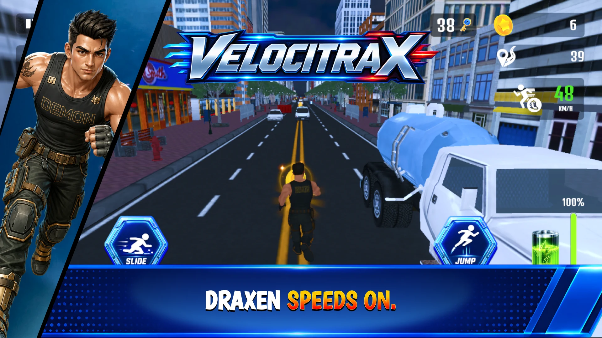 Demon speeds down a neon-lit city street, dodging a tanker truck