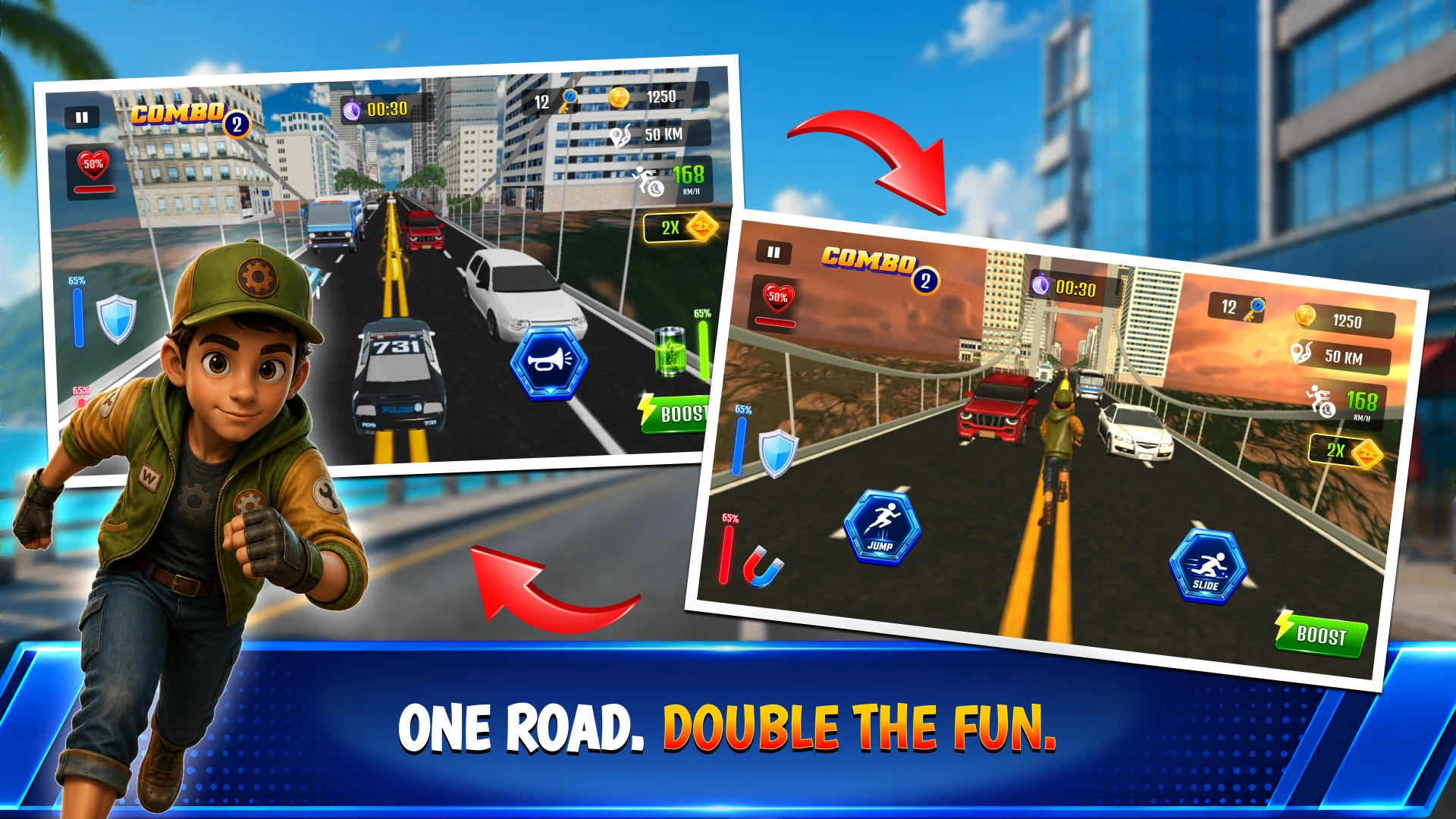 Split view of day and sunset highway runs in Velocitrax