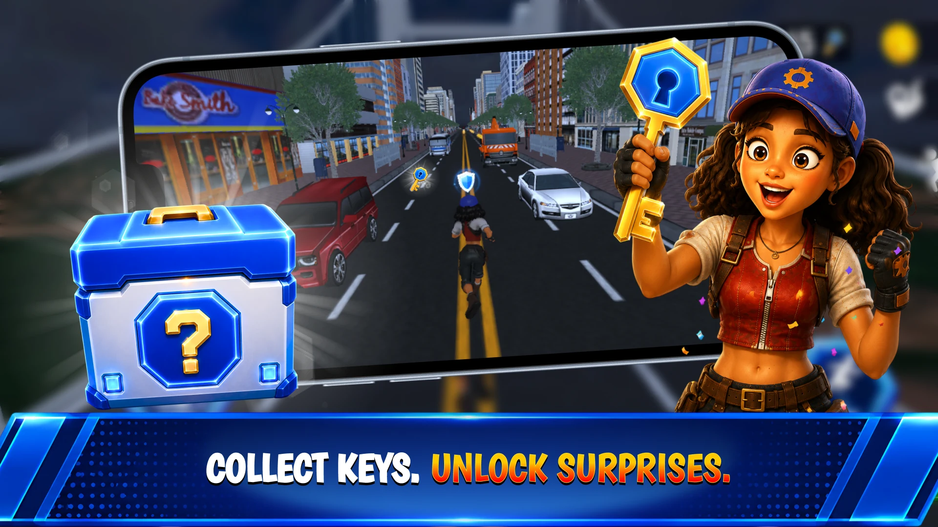 Velocitrax hero holding a golden key beside a Mystery Box