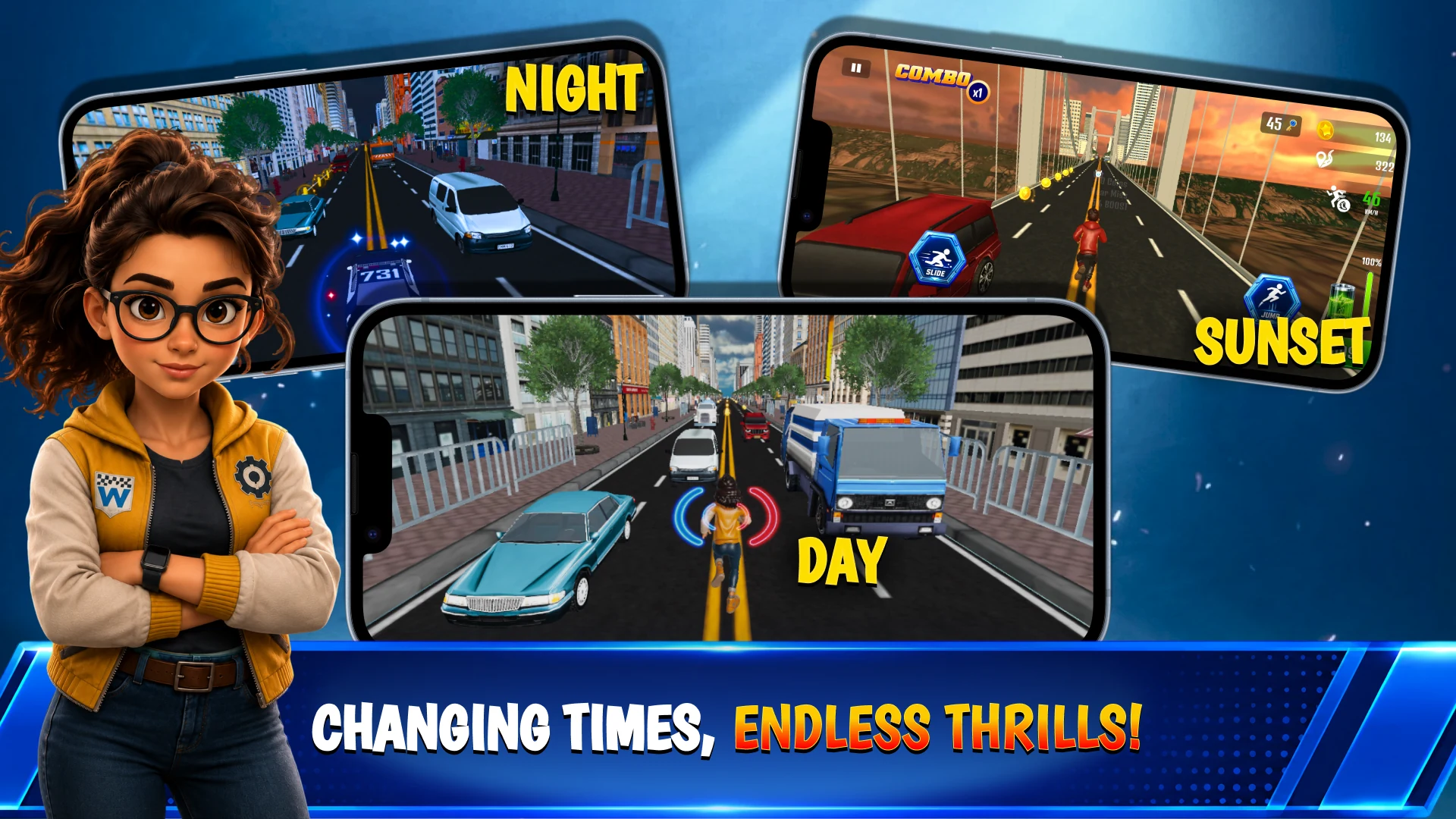 Day, Sunset, and Night gameplay views in Velocitrax
