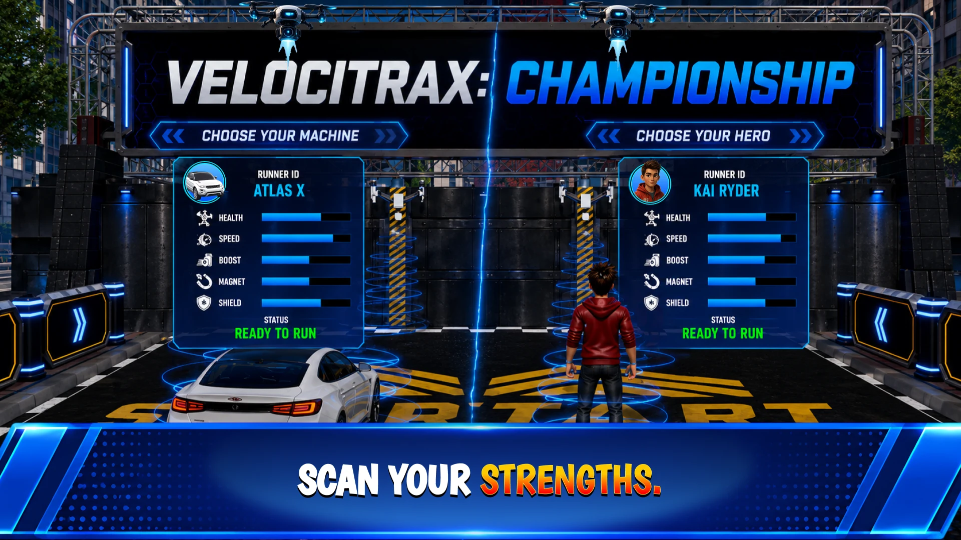 Velocitrax Championship select screen — choose your hero or your machine