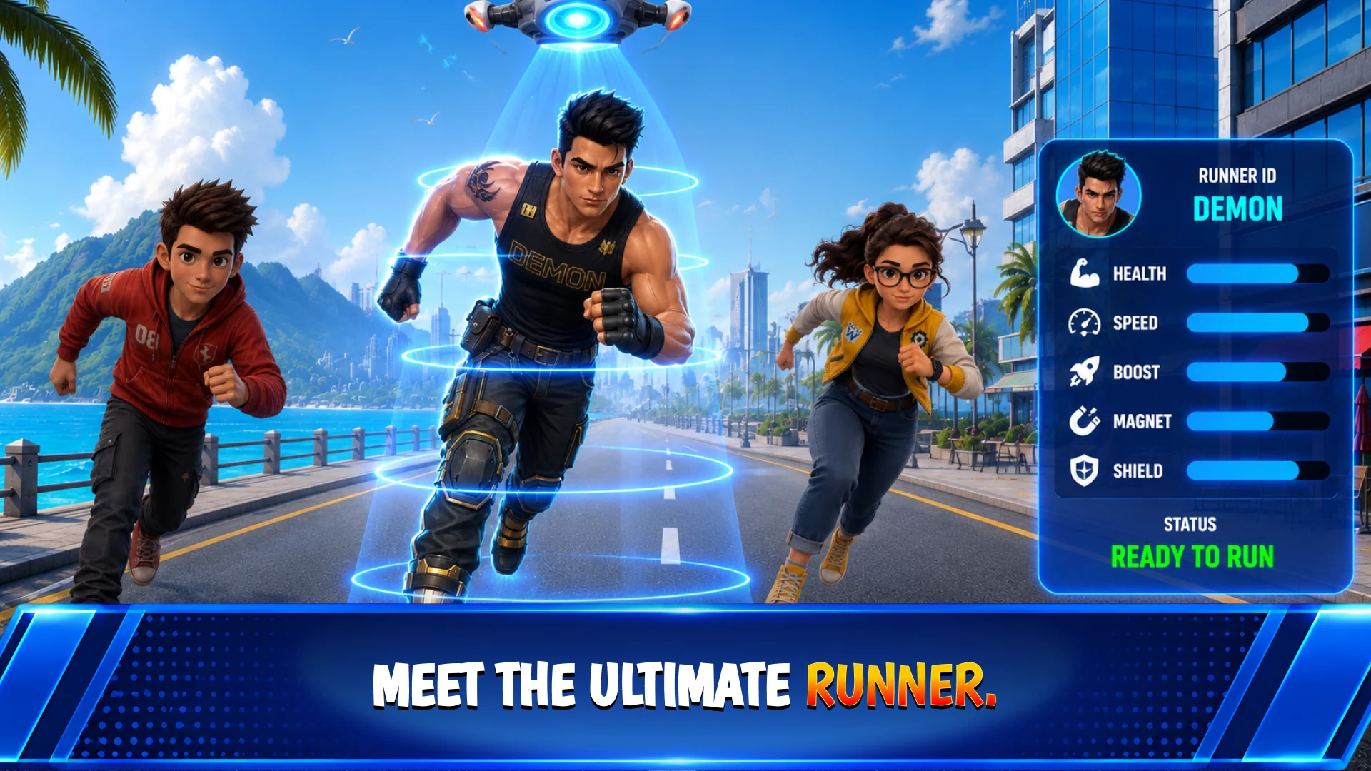 Demon's Runner ID stat card with Health, Speed, Boost, Magnet, and Shield